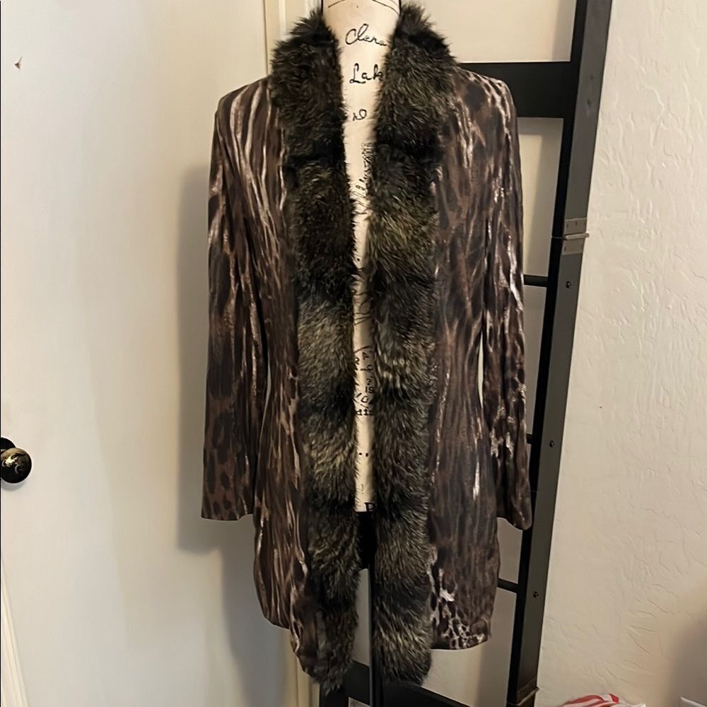 Vintage Alberto Makali Leopard Print Faux Fur Trim Open Style Cardigan Sweater